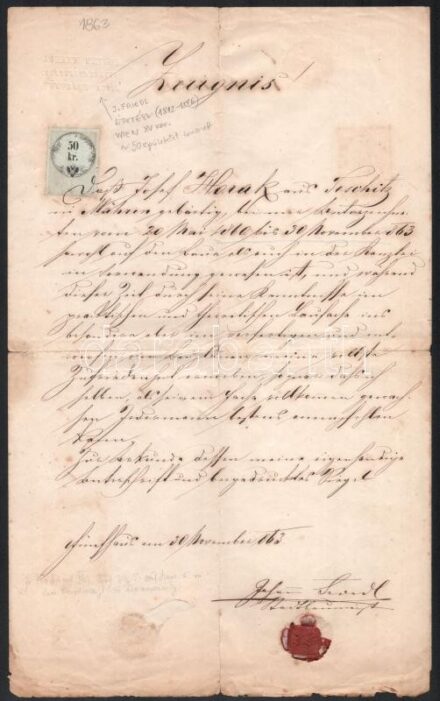1863 Johann Friedl (1812-1886) fejléces levélpapírjára írt bizonyítvány, 50 kr okmánybélyeggel, viaszpecséttel, saját kezű aláírásával