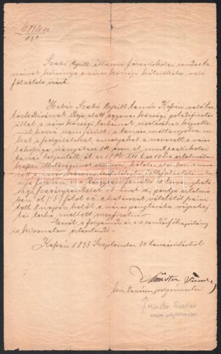 1893 Kassa, kérvénnyel kapcsolatos levél Münster Tivadar polgármester aláírásával