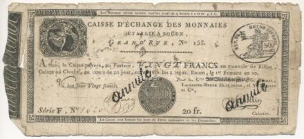 Franciaország / Rouen 1797-1803. 20Fr 'annulé (érvénytelen)' felülbélyegzéssel T:IV France Rouen 1797-1803. 20 Francs 'annulé (cancelled)' C:G Krause#S245a