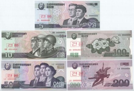 Észak-Korea 2002-2013. 5W-5000W (10xklf) MINTA felülnyomással és '0000000'-ás sorszámmal T:I North Korea 2002-2013. 5 Won - 5000 Won (10xdiff) with SPECIMEN overprint and '0000000' serial C:UNC