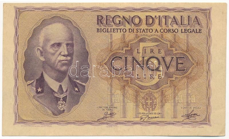Olaszország 1940. 5L T:III Italy 1940. 5 Lire C:F Krause P#28