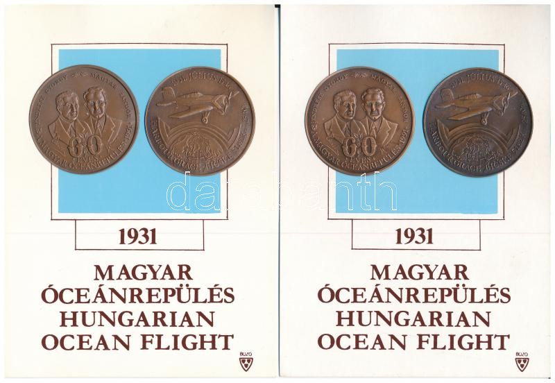 Bozó Gyula (1913-2004) 1991. '60 éves a magyar óceánrepülés Endresz György - Magyar Sándor / Harbour Grace - Bicske' emlékérem bronz lemezérem változata díszlapon (2x)