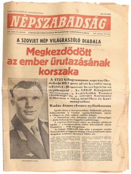 1961.IV.13 Gagarin az űrben, a Népszabadság lapszáma, kisebb szakadásokkal