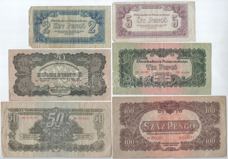 1944. 2P + 5P + 10P + 20P + 50P + 100P 'A Vöröshadsereg Parancsnoksága' T:III,III-