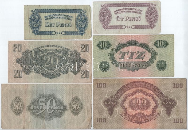 1944. 2P + 5P + 10P + 20P + 50P + 100P 'A Vöröshadsereg Parancsnoksága' T:III,III- - Image 2