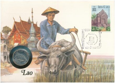 Laosz 1988. 10K Cu-Ni borítékban, bélyegzéssel T:1 Lao 1988. 10 Kip Cu-Ni 'Five-masted Clipper' in envelope with stamp and cancellation C:UNC