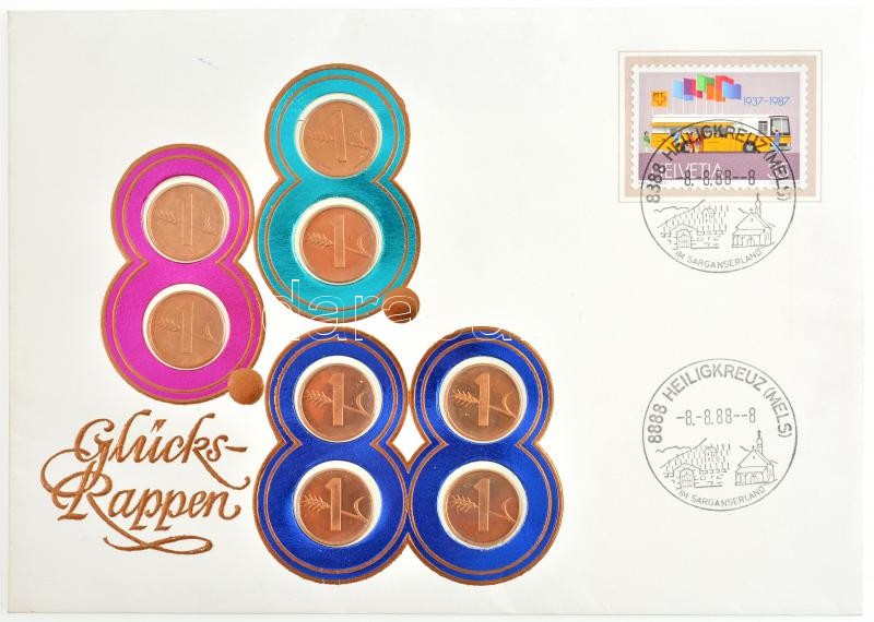 Svájc 1984. 1r bronz (8x) 'Szerencselevél - 88.8.8. Heiligkreuz' felbélyegzett borítékon, alkalmi bélyegzővel, német nyelvű leírással T:1,1- Switzerland 1984. 1 Rappen bronze 'Glücksrappen - 88.8.8. Heiligkreuz' in envelope with