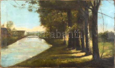 Olvashatatlan jelzéssel (jobbra lent): Vízparti fasor. Olaj, vászon, sérült, 36×60 cm