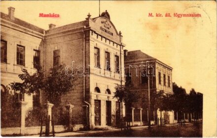 Munkács, Mukacheve, Mukacevo; M. kir. állami főgimnázium. 116. 'Pannonia' kiadása. Hátoldalon Wágner a Hangszer-Király reklám / grammar school, advertisement on the backside (fl)