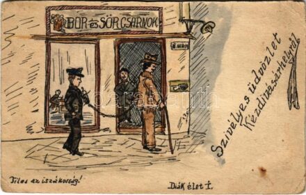 Kézdivásárhely, Targu Secuiesc; Diák élet I. Tilos az iszákosság! Kézzel rajzolt művészlap. Studentika / hand-drawn custom-made Studentica art postcard (EB)