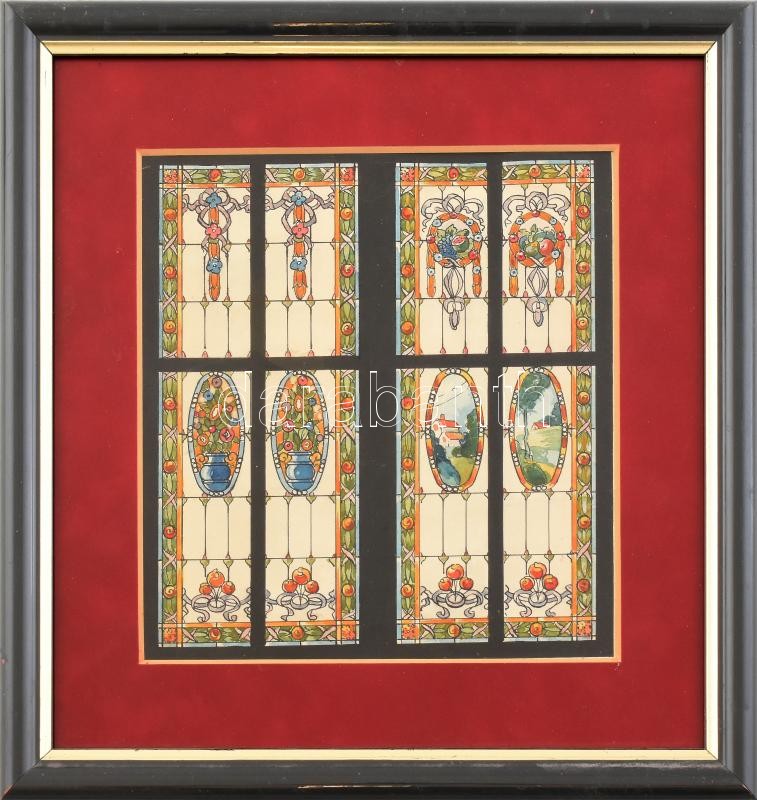 Jelzés nélkül: Üvegablak terv. Akvarell, papír. Üvegezett fa keretben. 20,5x19,5 cm