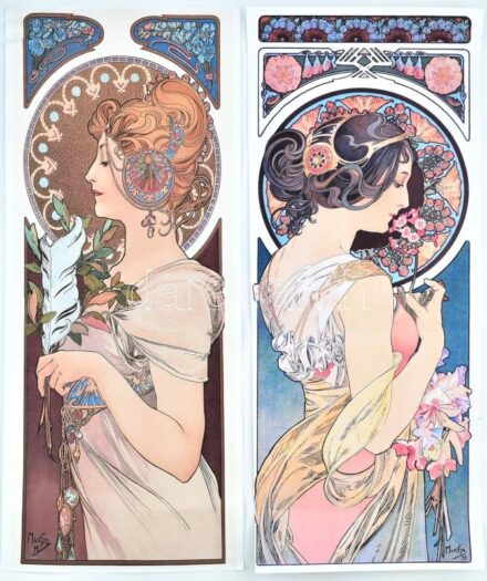 cca 2020 össz.2db modern Alfons Mucha nyomat, computer print, papír, 80x32 cm, törésnyomokkal