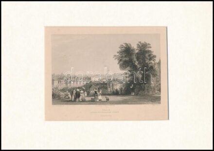 Rudolf Alt (1812-1905): Prag Altstadt vom Volksgarten Gesehen, acélmetszet, papír, jelzett a dúcon, paszpartuban, 10x15 cm