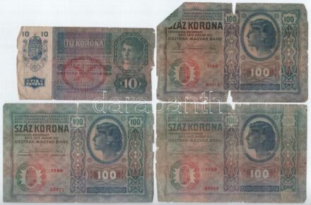 1912. 100K (3x) + 1914. 2K 'C' sorszámjel + 1915. 10K piros 'Deutschösterreich' felülbélyegzéssel + 1916. 1K zöld 'Deutschösterreich' felülbélyegzéssel + 1917. 2K (3x) T:III--V