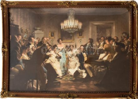 cca 1900 Schubert matiné. Színes heliogravűr, papír. Jelzsé nélkül. Dekoratív, üvegezett, kissé sérült fa keretben. 48x73 cm