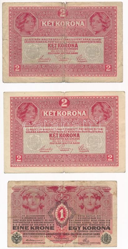 1916. 1K + 1917. 2K (2x, mindkettőn zöld 'Deutschösterreich' felülbélyegzés) T:III,III-