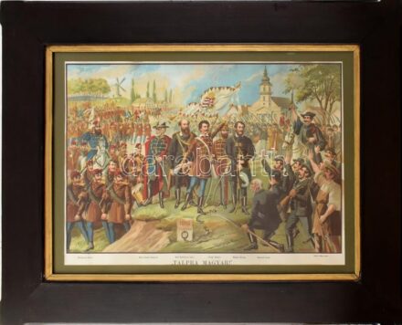 Bellony(i) László (1871-1913) festménye után: 'Talpra magyar!', 1848. március 15. Kromolitográfia, papír. Jelzett a litográfián: Bellony L. Lap alján kisebb szakadással. Üvegezett, kissé sérült fa keretben. 44x62 cm