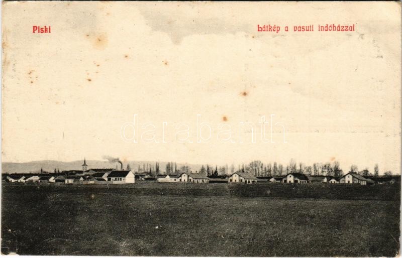 Piski, Simeria; látkép, vasúti indóház, vasútállomás. Zeidner Gusztáv kiadása. Hátoldalon Wágner 'Hangszerkirály' reklámja / general view with railway station, advertisement on the backside (EK)
