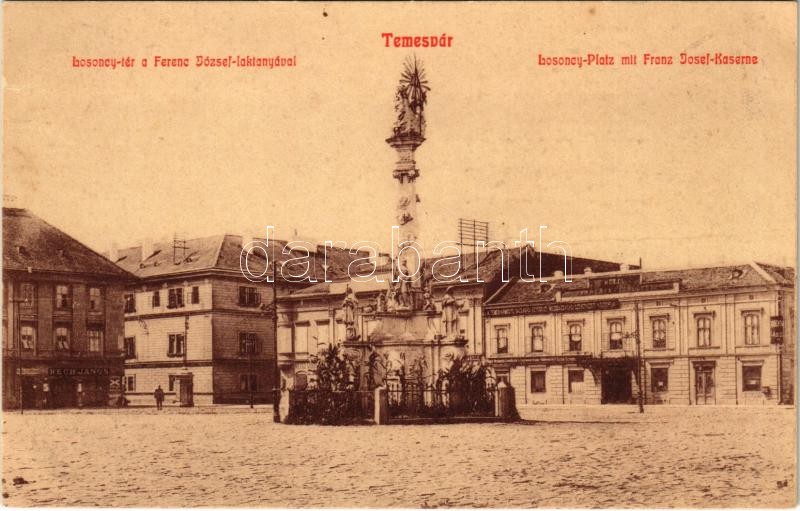 Temesvár, Timisoara; Losonczy tér, Ferenc József laktanya, Hotel Pannonia szálloda, Rech János üzlete. Hátoldalon Wágner a 'Hangszer-Király' reklámja / square, K.u.K. military barracks, hotel, shops, advertisement on the backside (fl)