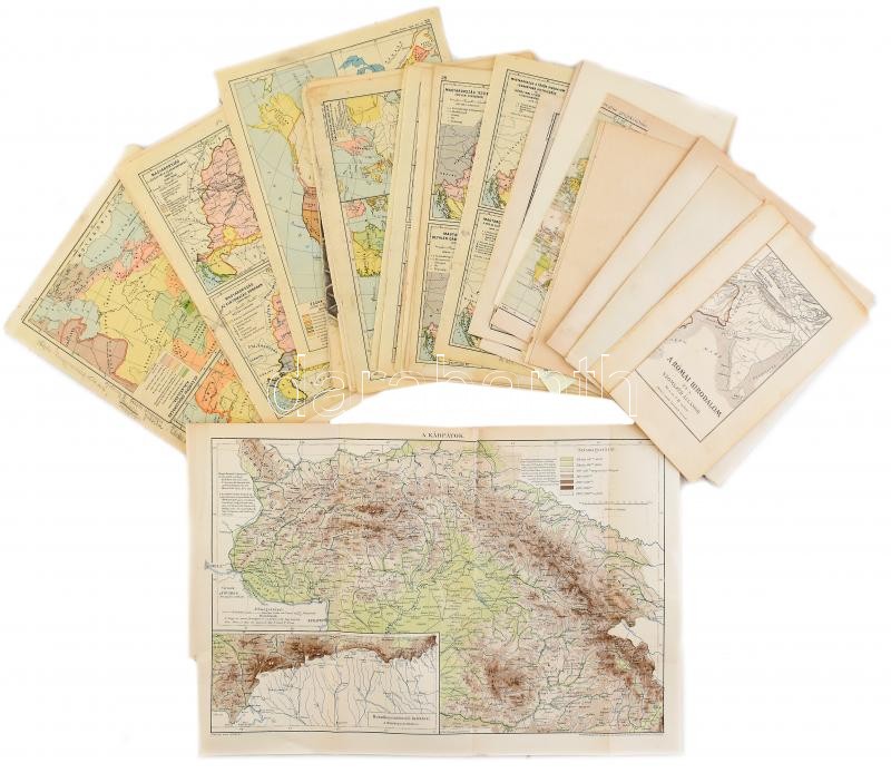 cca 1900-1930 vegyes történelmi és földrajzi térkép tétel, össz. 28 db, többek közt Barthos-Kurucz: Egyetemes Történelmi Atlaszából, Pallas Nagy Lexikonából és Nagy Képes Világtörténetből valamint a Magas-Tátra látóképe a