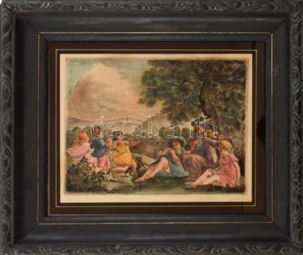 Prihoda István (1891-1956): Zene és tánc a szabadban. Színezett rézkarc, papír, jelzés nélkül. Üvegezett, kissé sérült fa keretben. 25×32 cm