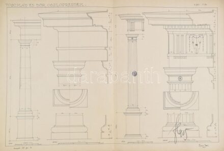 1915 Kocsis Imre (?-?): Dór, jón és toszkán oszlopokról készült 2 db rajz. Tus. papír, jelzett, sérült, kissé foltos, 52x78 cm