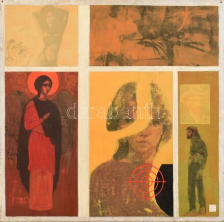 Lázár Sándor (1916-1994): Célpont. Vegyes technika, farost, jelzés nélkül, hátoldalán feliratozott. Apró felületi sérülésekkel. 40x40 cm. Soós Imre (1921-2013), műgyűjtő, művészeti író, a Kisgrafika folyóirat szerkesztője, a