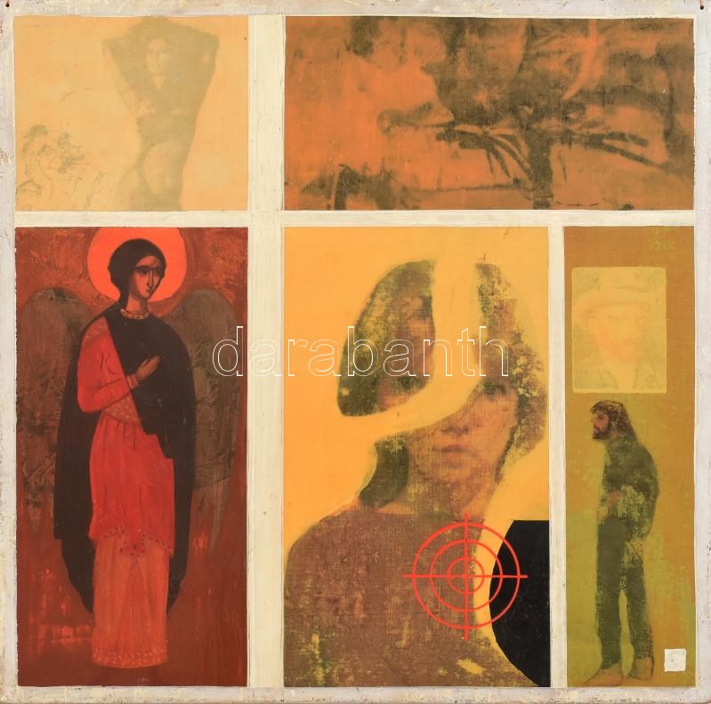 Lázár Sándor (1916-1994): Célpont. Vegyes technika, farost, jelzés nélkül, hátoldalán feliratozott. Apró felületi sérülésekkel. 40x40 cm. Soós Imre (1921-2013), műgyűjtő, művészeti író, a Kisgrafika folyóirat szerkesztője, a