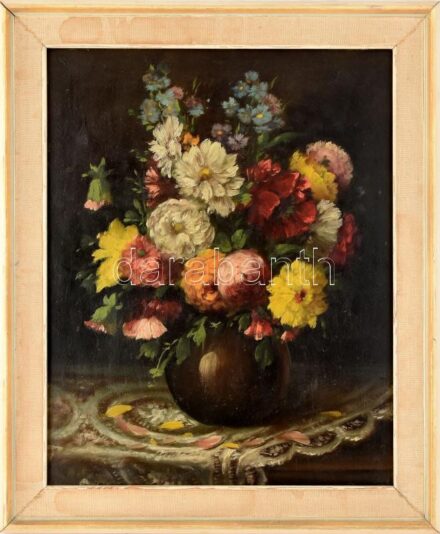 Jelzés nélkül: Csendélet. Olaj, karton. Dekoratív, kopott keretben. 50×40 cm