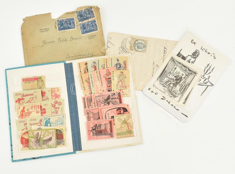 Vegyes papírrégiség tétel (gyufacímke, ex libris, iratok)