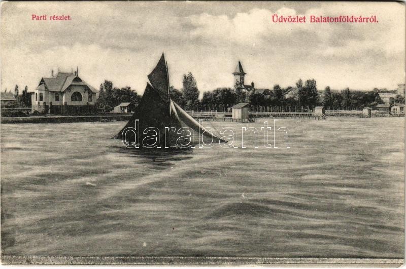 Balatonföldvár, Parti részlet, villa, vitorlás. Gerenday Gyula kiadása (EK)