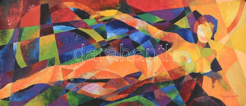 Szekeres József (1944-): Női akt. Olaj, vászon. Vakráma nélkül, feltekerve. 31,5×74 cm