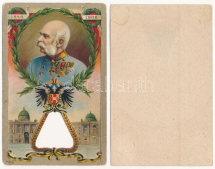 1848-1908 Ferenc József uralkodásának 60. évfordulója. Jubileumi díszes, szecessziós, dombornyomott litho mechanikus lap (két részben, hiányzó belső rész!) / Franz Joseph's 60th anniversary of reign. Art Nouveau, Emb. litho mechanical