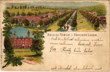 Lajtabruck, Bruck an der Leitha; Schloss Prugg, Brucker Lager / Kastély, Brucki tábor / castle, military barracks. Alex Klein No. 702. Art Nouveau, floral, litho (EK)