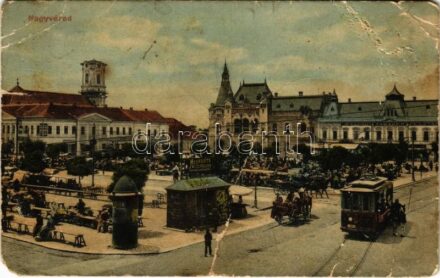 1908 Nagyvárad, Oradea; piac, villamos, Takarékpénztár, Moskovits cipőgyár üzlete / market, tram, savings bank, shops (b)