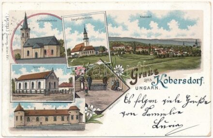 1905 Kabold, Kobersdorf; Katholische und Evangelische Kirche, Schloss, Sauerbrunn, Isr. Tempel / templomok, zsinagóga, savanyúvíz forrás, kastély / churches, mineral water spring, castle, synagogue. Art Nouveau, floral, litho (gyűrődés /