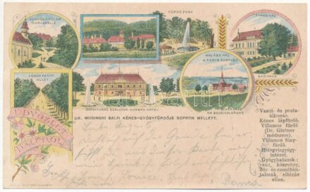 1898 (Vorläufer) Balf (Sopron), Dr. Wosinski Kénes-gyógyfürdője, fürdőkápolna, park, fürdőház, halász ház a Fertő-tó partján, szálloda, fasor. Kosmos Art Nouveau, floral, litho