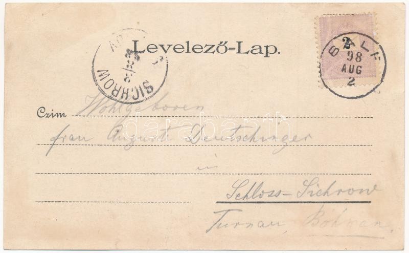 1898 (Vorläufer) Balf (Sopron), Dr. Wosinski Kénes-gyógyfürdője, fürdőkápolna, park, fürdőház, halász ház a Fertő-tó partján, szálloda, fasor. Kosmos Art Nouveau, floral, litho - Image 2