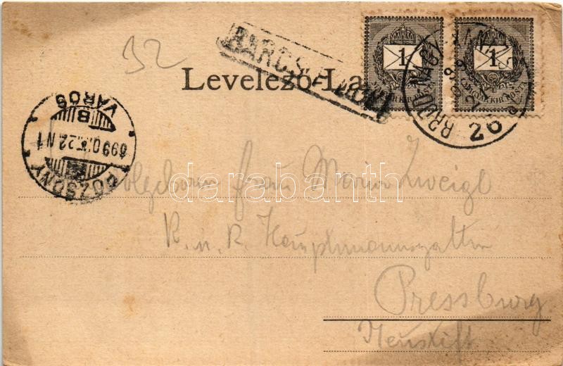 1899 (Vorläufer) Barcs, Barcstelep; Breuer ház, Fő utca, Vasúti híd. Singer Sándor fényképész. Art Nouveau, floral + 'BROD-NAGYKANIZSA 26. SZ.' vasúti mozgóposta (EK) - Image 2