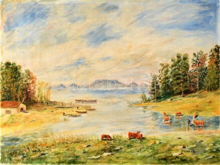 Körmendy jelzéssel: Balatonpart, háttérben a Badacsony. Olaj, vászon, sérült. 61x81 cm