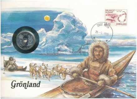 Grönland, benne Dánia 1987. 25ö felbélyegzett borítékban, bélyegzéssel, német nyelvű leírással T:1 Greenland with Denmark 1987. 25 Öre coin in envelope with stamp and cancellation, with German description C:UNC