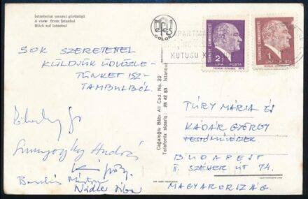Nádler István, Barabás Márton, Szunyoghy András festőművészek által aláírt képeslap Kádár György festőművésznek
