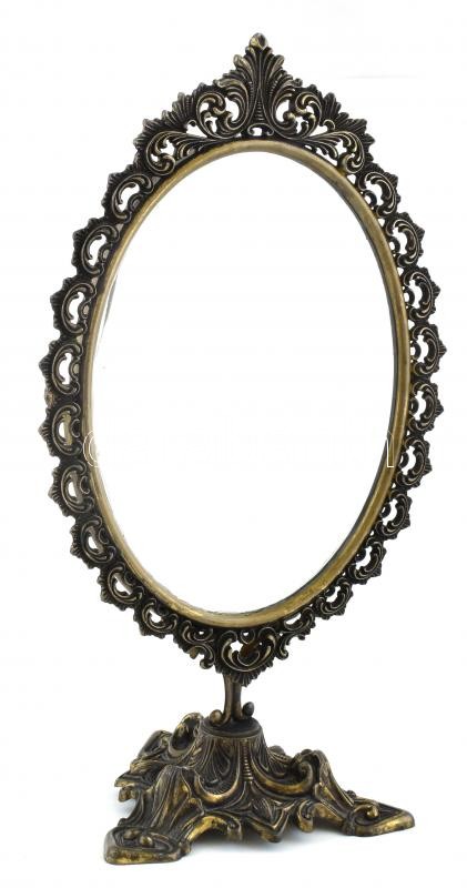 Neobarokk öntött, patinázott bronz tükör, kopott, m:39cm