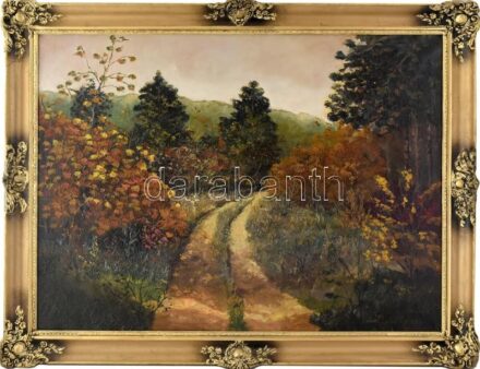 Szlányi Lajos jelzéssel: Őszi táj. Olaj, vászon, javított. Dekoratív, kissé sérült fa keretben. 60,5x80 cm