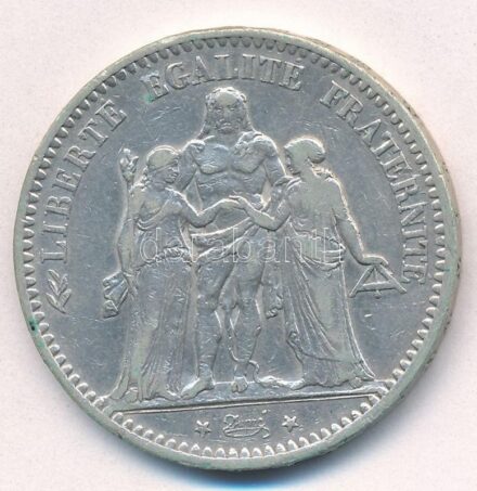 Franciaország 1873A 5Fr Ag 'Herkules csoport' T:2-,3 ph., patina France 1873A 5 Francs Ag 'Hercules group' C:VF,F edge error, patina Krause KM#820.1