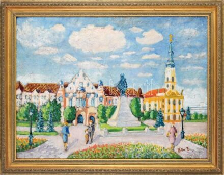 Ban B jelzéssel: Kecskemét. Olaj, farost, kissé sérült. Dekoratív, kissé sérült fa keretben. 60x80 cm