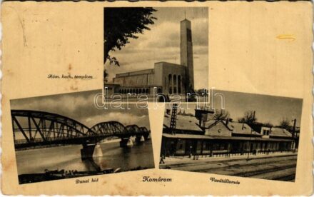 1941 Komárom, Komárno; Római katolikus templom, Dunai híd, Vasútállomás / Catholic church, Danube bridge, railway station (EB)