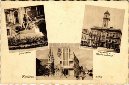 1944 Komárom, Komárno; Jókai szobor, Városháza, Klapka szobor, látkép / statues, town hall, street view (EB)
