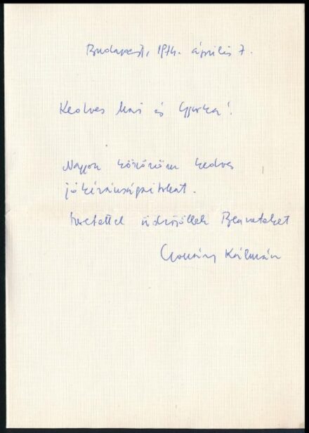 Csohány Kálmán festőművész által írt autográf levél Kádár György festőművésznek