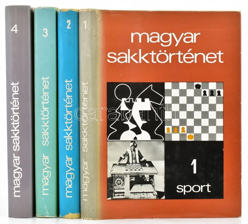 Magyar sakktörténet 1-4. kötet. (Teljes!) Szerk.: Barcza Gedeon, Földeák Árpád. Bp., 1975-1989, Sport. Kiadói egészvászon, kiadói papír védőborítóban, egy papírborítón kis szakadással, egy másik papírborítón kopásnyomokkal.